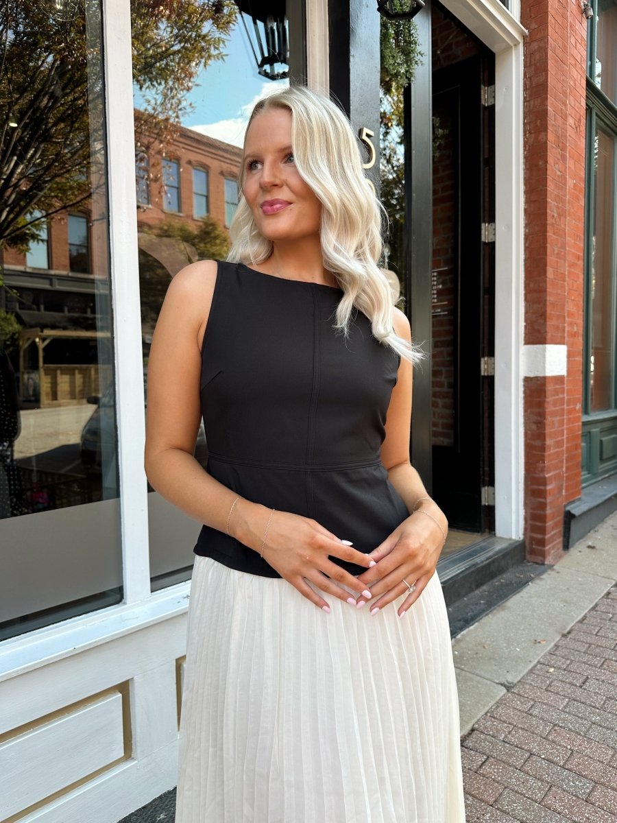 Rissa Black and Cream Contrast Pleated Midi Dress - Gwenna The Label