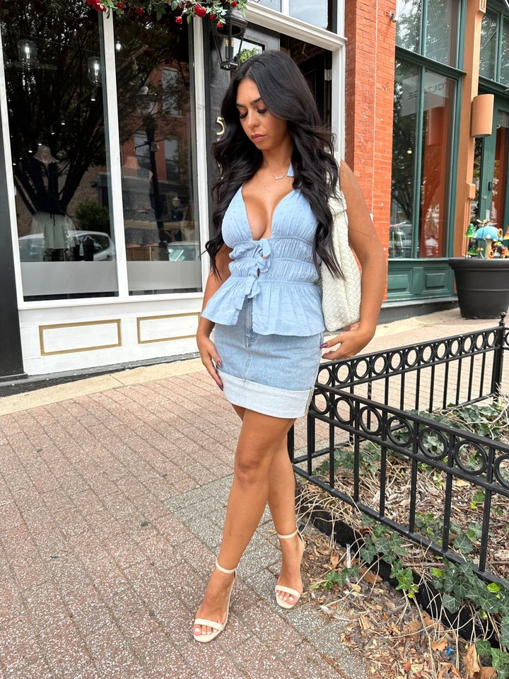 Romy Light Wash Cuffed Denim Mini Skirt - Gwenna The Label