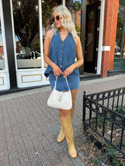 Sia Medium Wash Denim Button Up Halter Top - Gwenna The Label