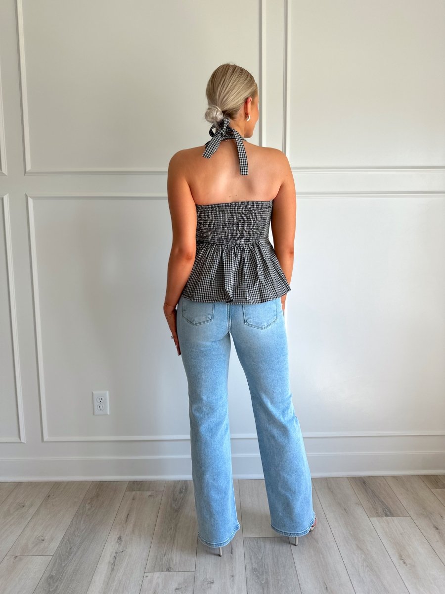 Sienna Black Checkered Button Up Halter Neck Top - Gwenna The Label