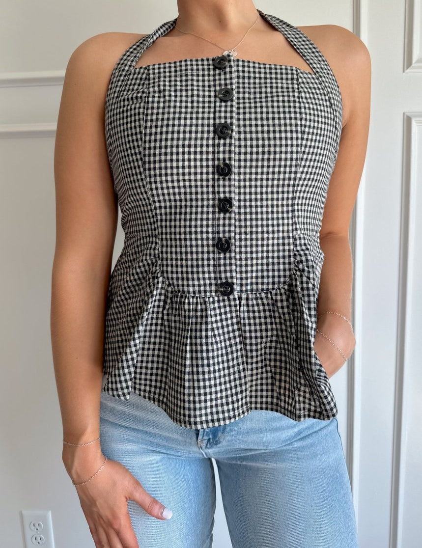 Sienna Black Checkered Button Up Halter Neck Top - Gwenna The Label