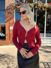 Skye Burgundy Twist Front Long Sleeve Top - Gwenna The Label