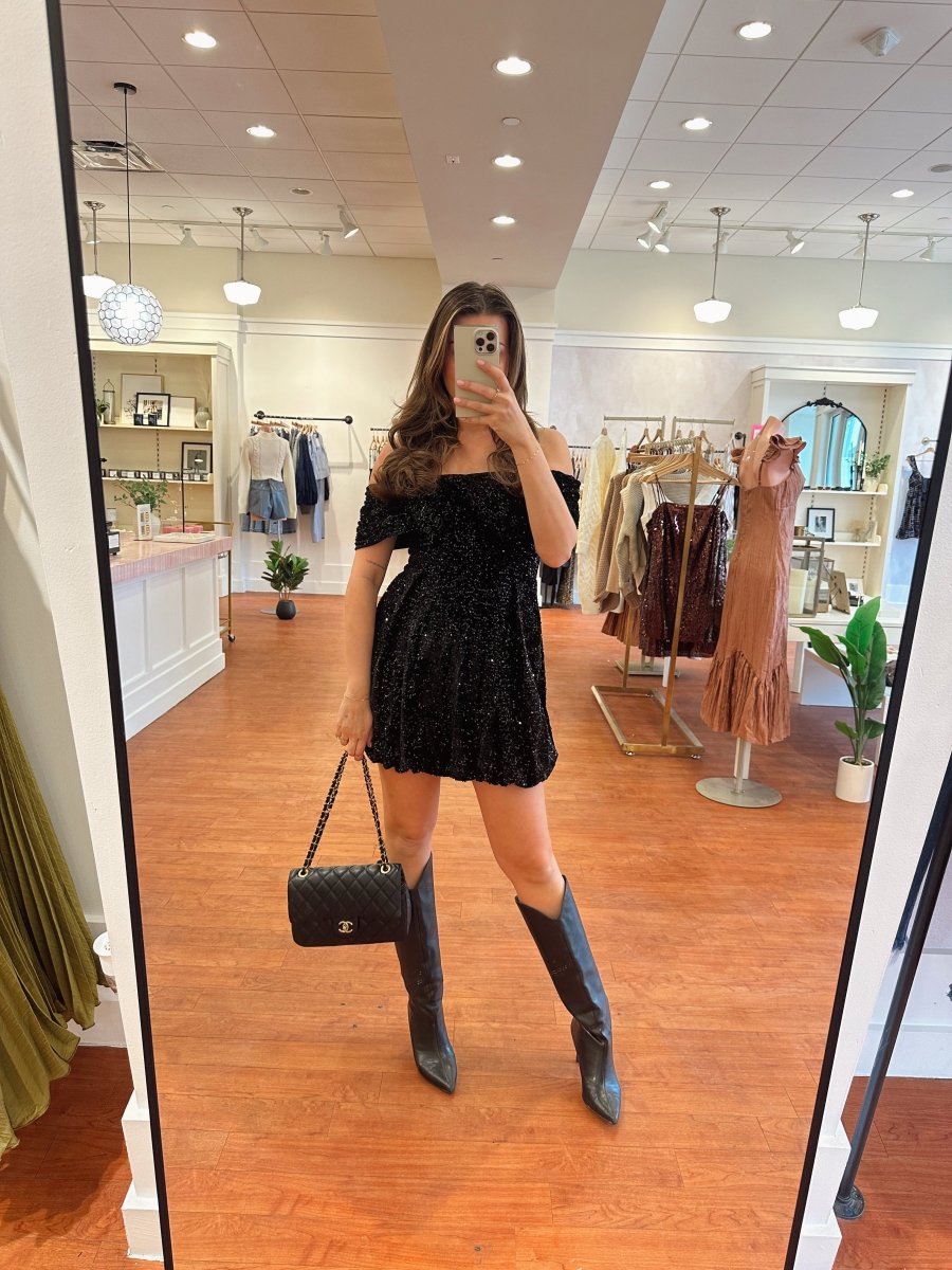 Soren Black Sequin Off Shoulder Mini Dress - Gwenna The Label