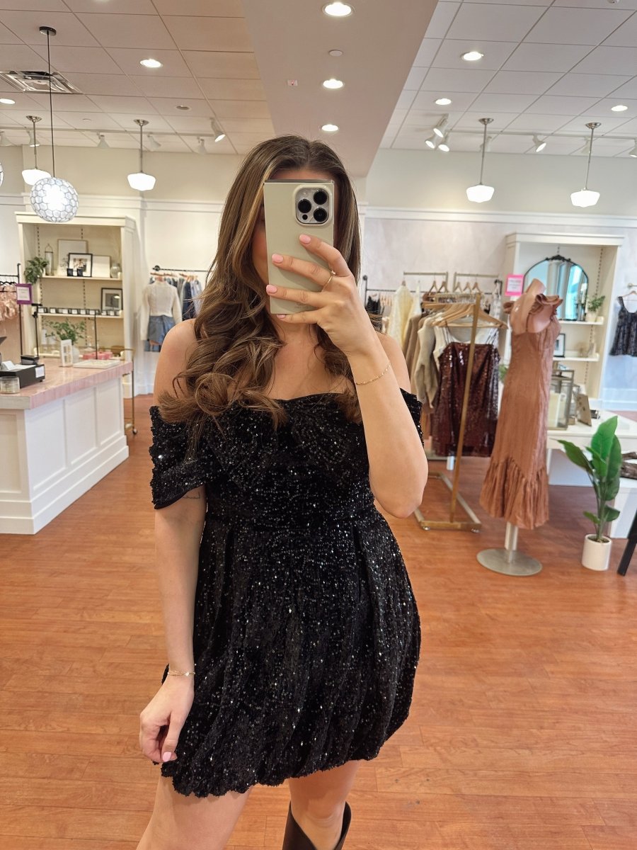 Soren Black Sequin Off Shoulder Mini Dress - Gwenna The Label