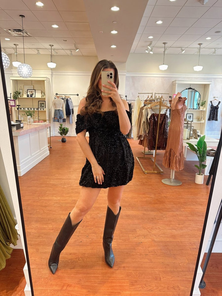 Soren Black Sequin Off Shoulder Mini Dress - Gwenna The Label