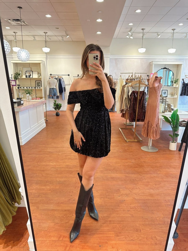 Soren Black Sequin Off Shoulder Mini Dress - Gwenna The Label