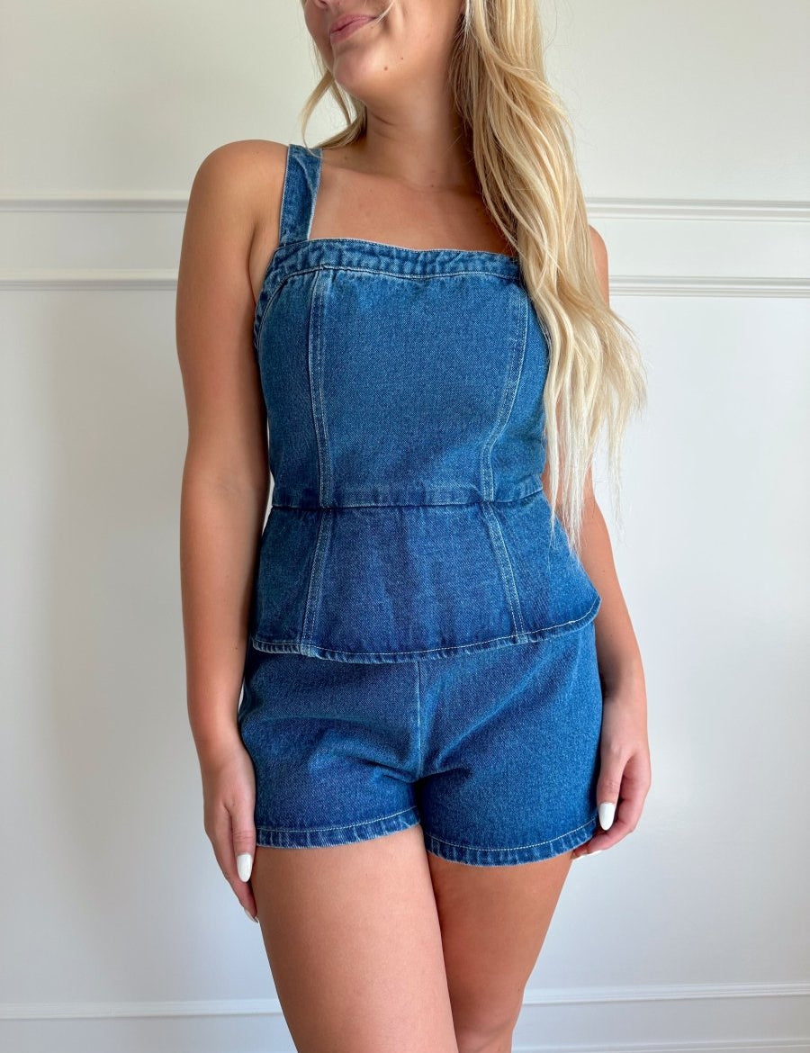 Stella Dark Wash Denim Peplum Romper - Gwenna The Label