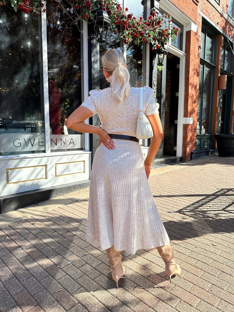 Tate Short Sleeve Cable Knit Sweater Midi Dress - Gwenna The Label