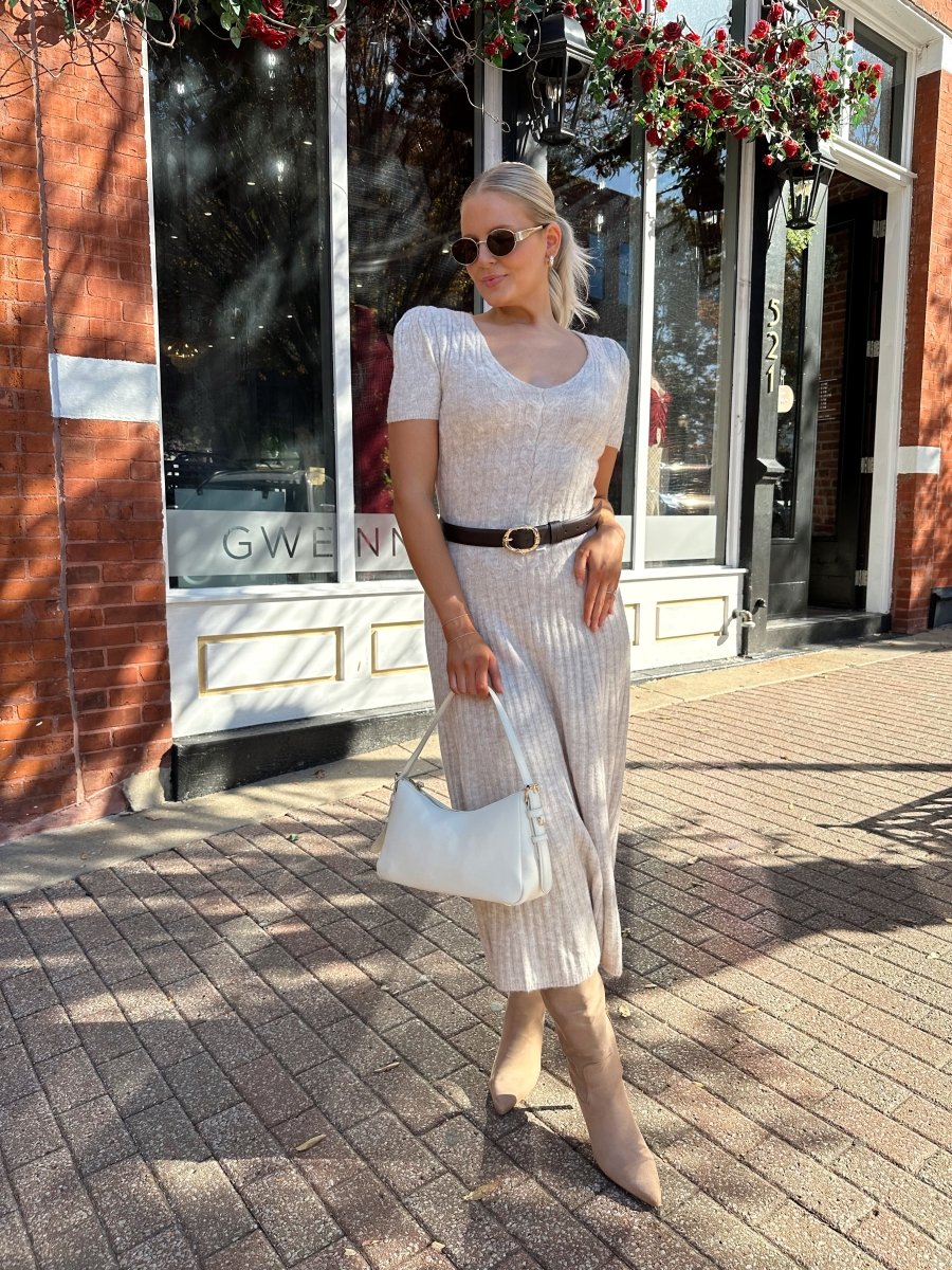 Tate Short Sleeve Cable Knit Sweater Midi Dress - Gwenna The Label