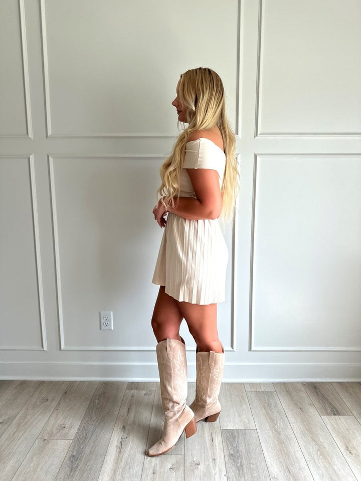 Vienna Beige Ribbed Knit Pleated Off Shoulder Mini Dress - Gwenna The Label