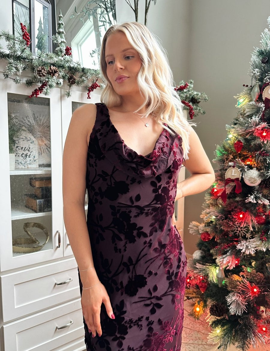 Viola Burgundy Floral Velvet Midi Dress - Gwenna The Label