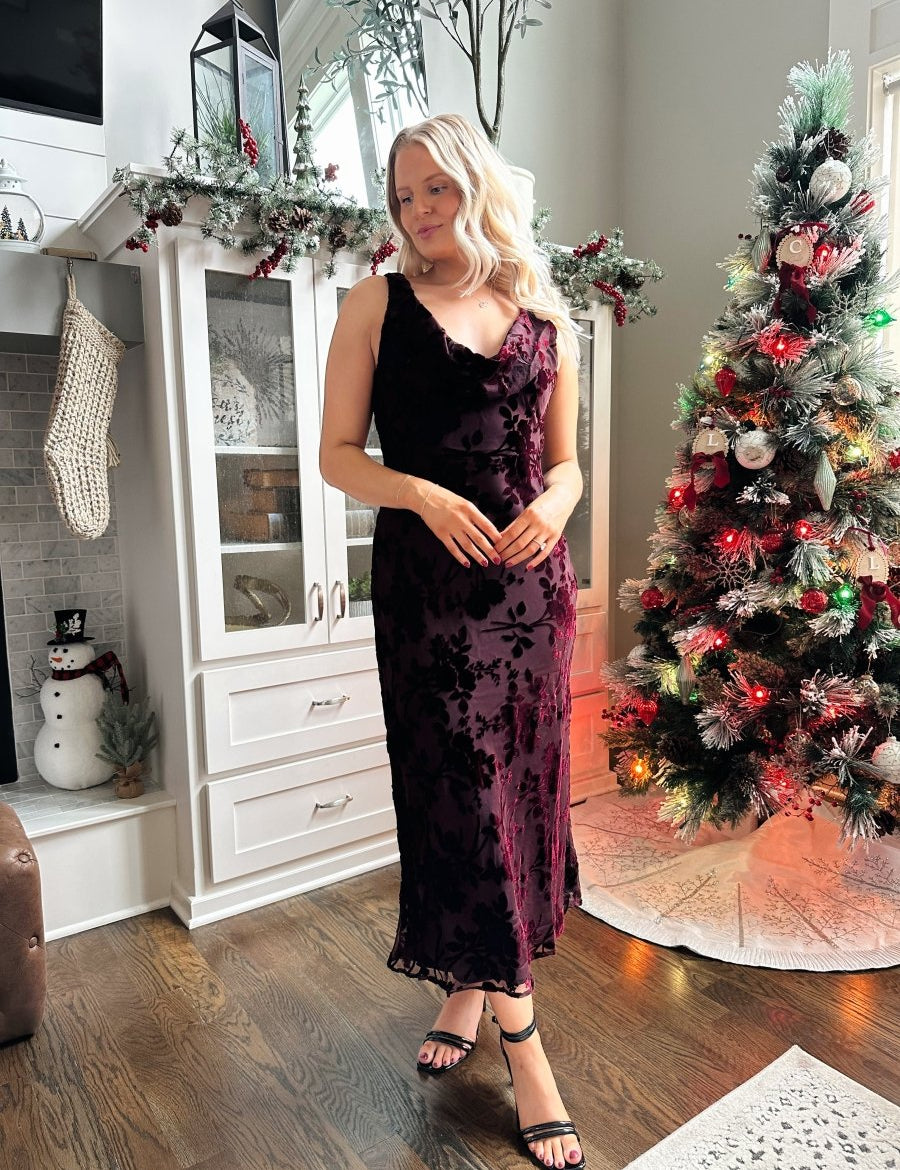 Viola Burgundy Floral Velvet Midi Dress - Gwenna The Label