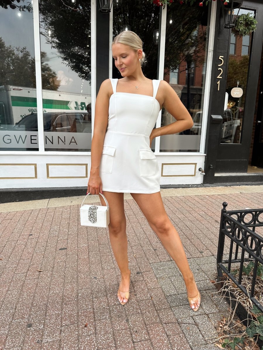 Vivienne White Square Neck Tailored Mini Dress - Gwenna The Label