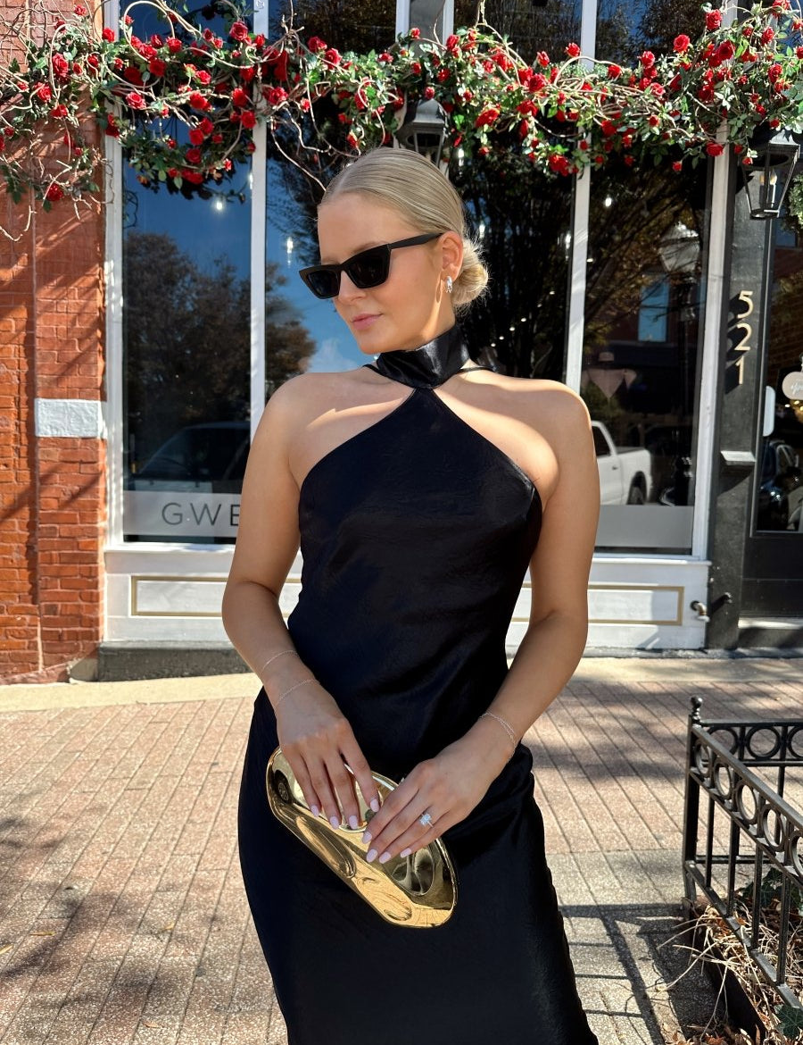 Wells Black Satin Halter Neck Maxi Dress - Gwenna The Label