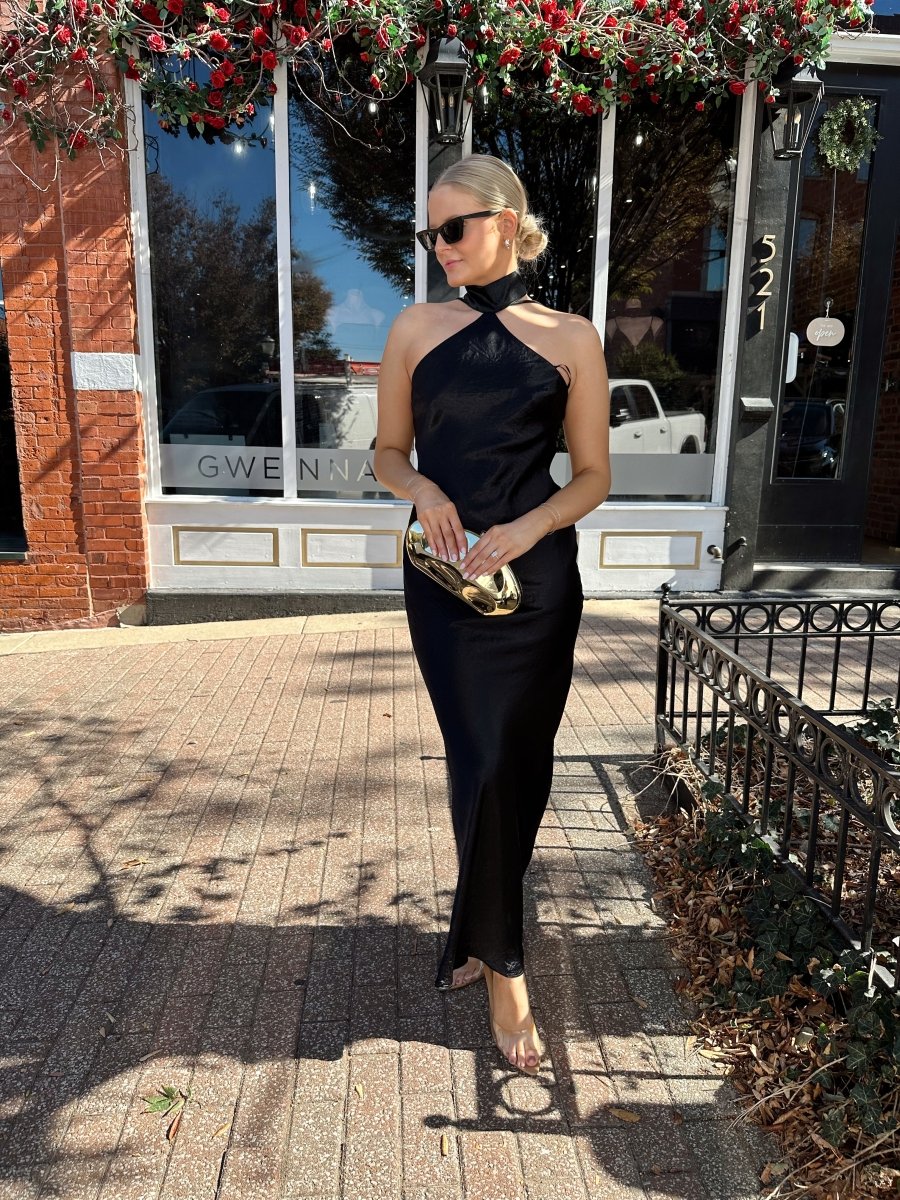 Wells Black Satin Halter Neck Maxi Dress - Gwenna The Label
