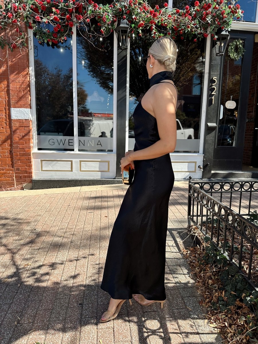 Wells Black Satin Halter Neck Maxi Dress - Gwenna The Label