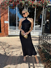 Wells Black Satin Halter Neck Maxi Dress - Gwenna The Label