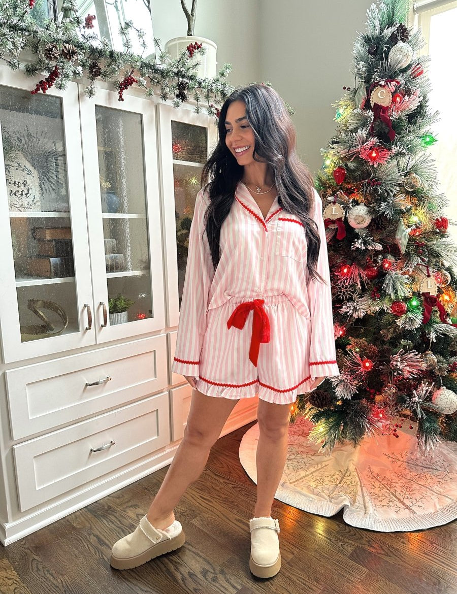 Winterberry Pink and Red Striped Satin Pajama Set - Gwenna The Label