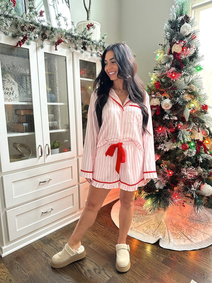 Winterberry Pink and Red Striped Satin Pajama Set - Gwenna The Label