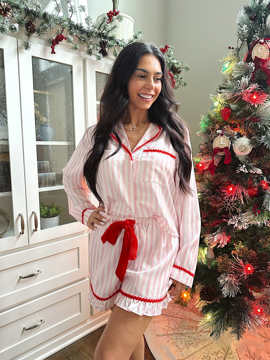 Winterberry Pink and Red Striped Satin Pajama Set - Gwenna The Label